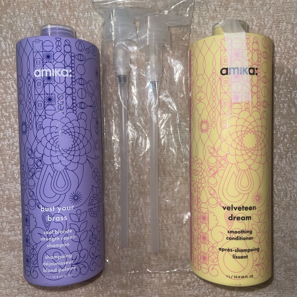 Amika Bust your brass shampoo & Velveteen dream Conditioner + FREE pumps